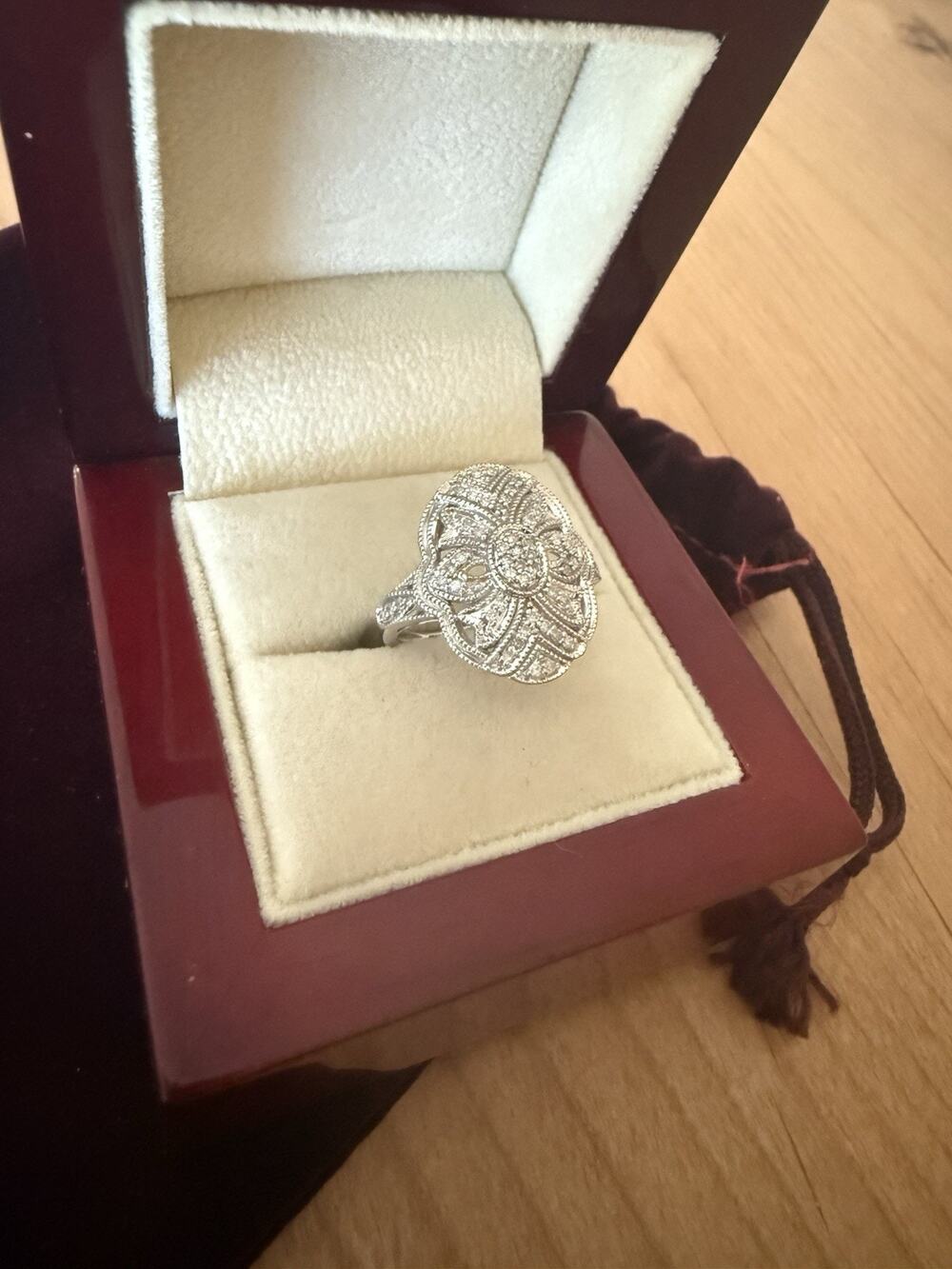 10k white gold diamond cocktail ring size 7 Ornate Filigree Art Deco earth mined